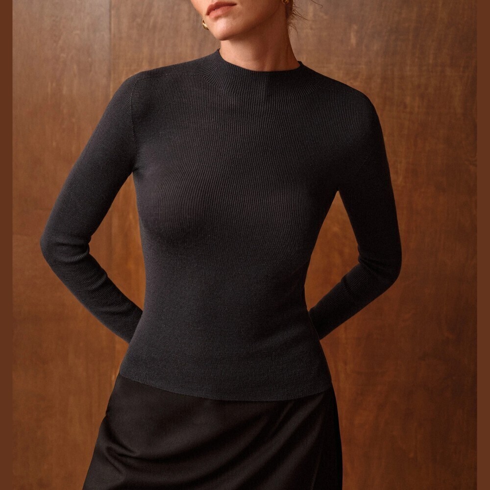 Black Ribbed Knit Stand Mock Collar Long Sleeve Slim Fit Wool Sweater